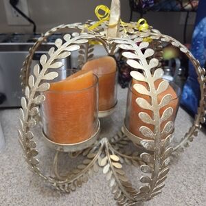 Gold Leaf Candle Holder with Orange Candles
